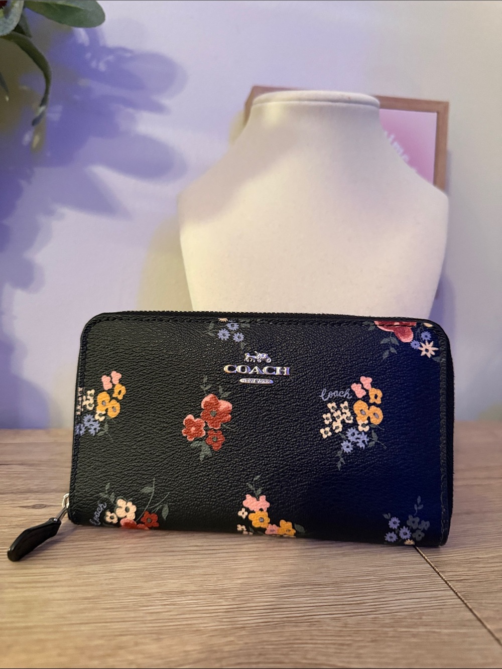 Coach Black Floral Zip Wallet with Multicolor Blossoms
